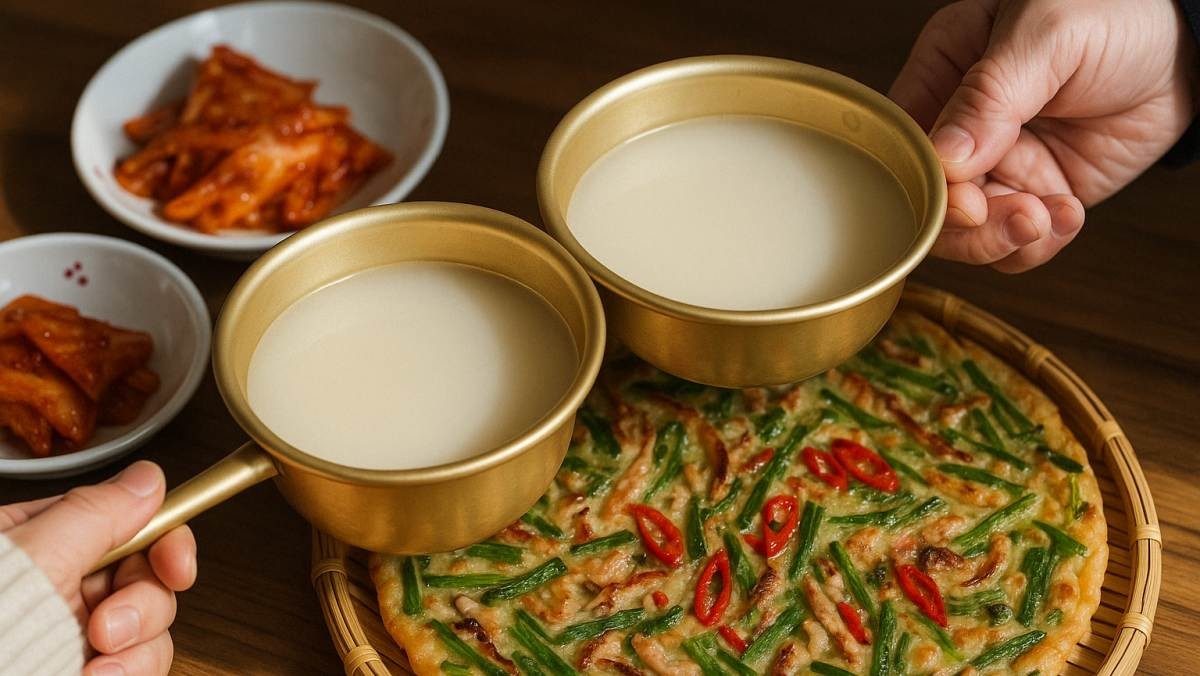 Traditional Korean hiking meal: Pajeon (pancake) and Makgeolli (rice wine).